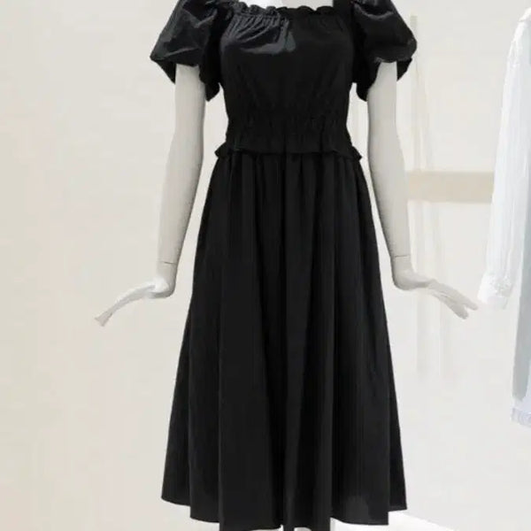 [BUNJANG] DUEL Square Neck Puff Sleeve Shirring Dress - Black (Size 55) / (새상품)듀엘 스퀘어넥 퍼프 소매 셔링 원피스 블랙 55