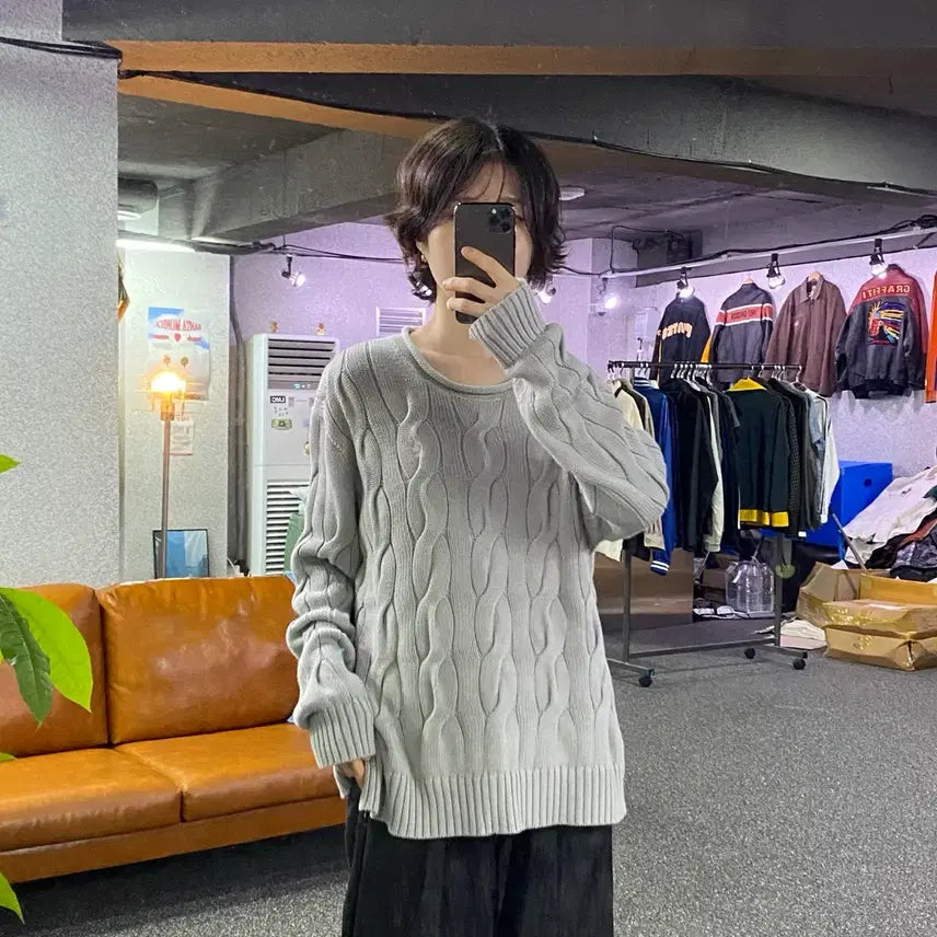 [BUNJANG] Polo Ralph Lauren Roundneck Cable Knit Sweater Grey M / 폴로 랄프로렌 라운드넥 그레이 꽈배기 니트 B5398