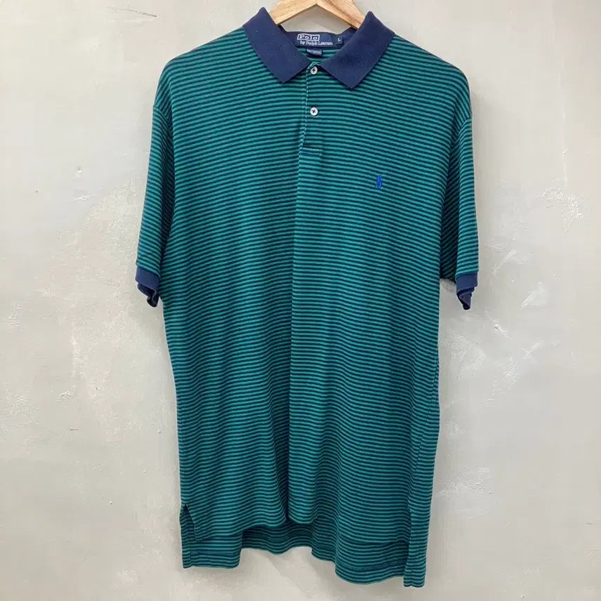 [BUNJANG] Polo Ralph Lauren Striped Short Sleeve Polo Shirt Navy/Green / 폴로 랄프로렌 스트라이프 반팔 카라티 네이비/그린