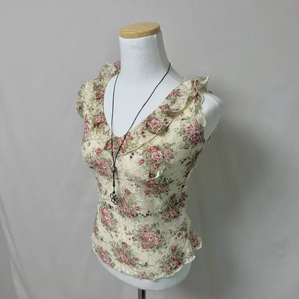 [BUNJANG] Liz Lisa Classic Rose Lace Frill Sleeveless Blouse / 리즈리사 고전 로즈 레이스 플라워 프릴 탑 나시 블라우스 히메갸루 모리걸