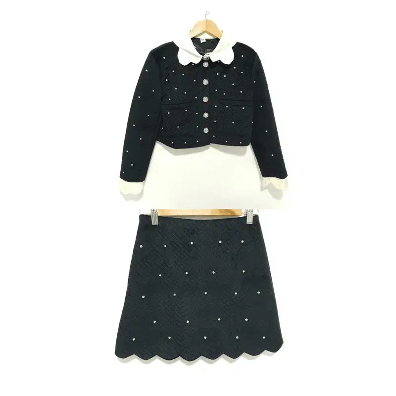 [BUNJANG] Velvet Quilting Jewel Trim Jacket & Skirt Two-Piece Set / 벨벳 퀄팅 쥬얼 배색 자켓 &스커트 투피스 S_M2045