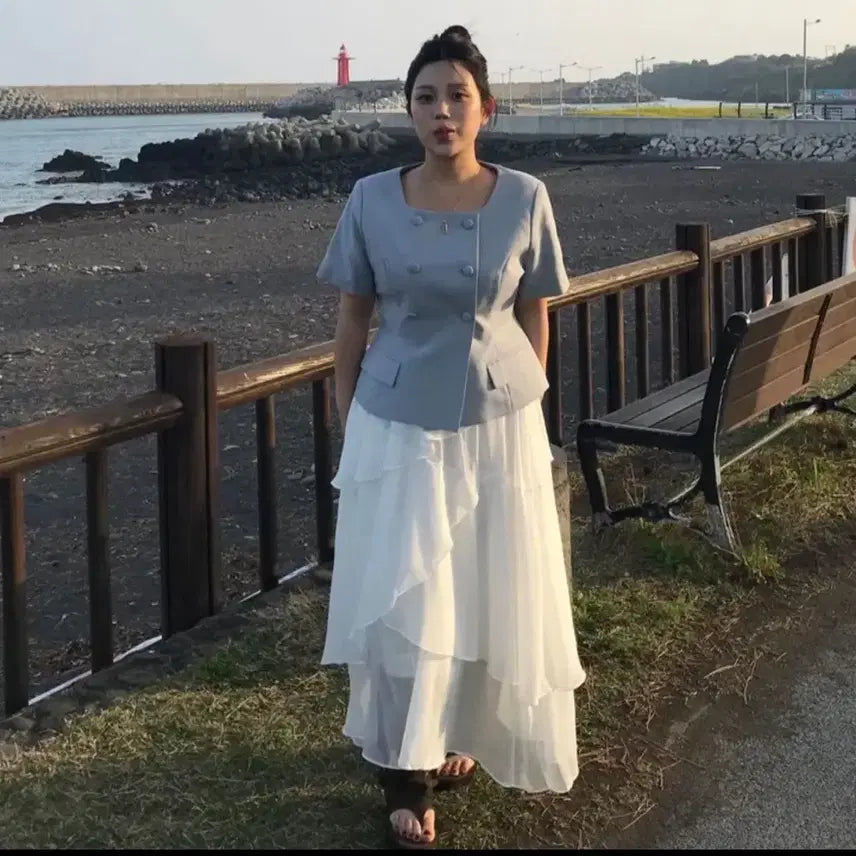 [BUNJANG] Asymmetric Ruffle Elastic Waist Long Skirt - White / 꽃잎 언발 프릴 밴딩 롱 스커트 화이트