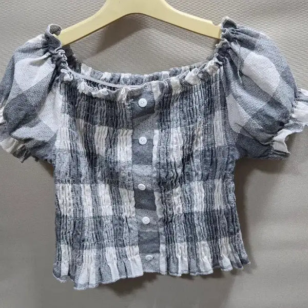 [BUNJANG] Check Shirring Off-Shoulder Blouse / 체크 셔링 오프숄더 블라우스95