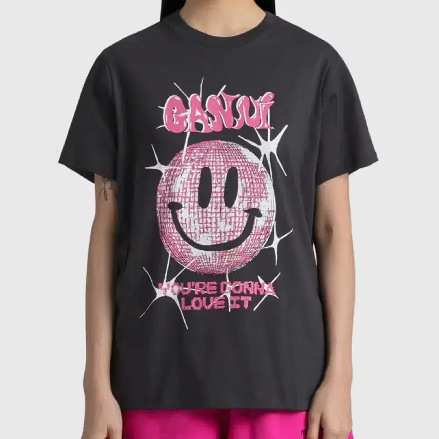 [BUNJANG] GANNI Smiley Mirrorball T-shirt Charcoal / GANNI 스마일 미러볼 반팔티