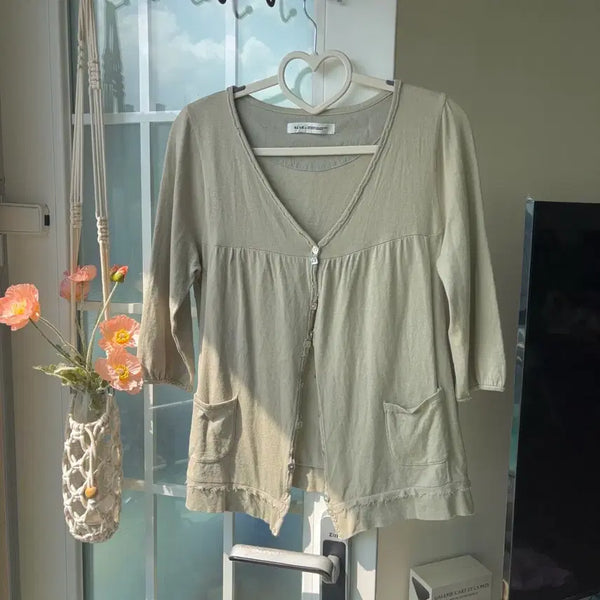 [BUNJANG] Vintage Mori Girl Light Khaki Cotton Cardigan with Mother-of-Pearl Buttons / [빈티지] BLUE. 모리걸 연카키 면100 자개단추 가디건 -옷장정리