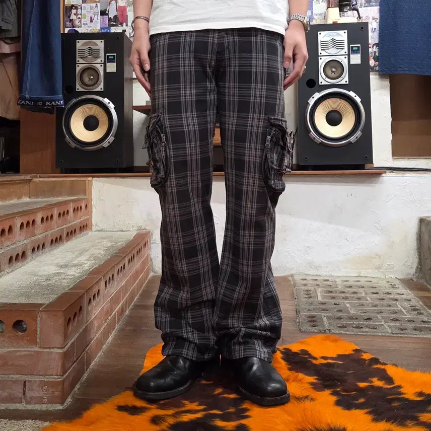 [BUNJANG] Japanese Punk Check Pocket Semi Bootcut Cotton Pants / JPN 펑크 체크 포켓 세미 부츠컷 코튼 팬츠
