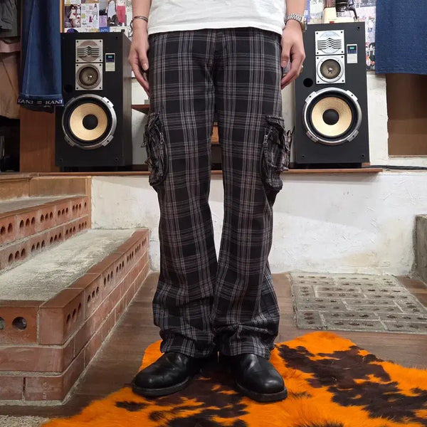 [BUNJANG] Japanese Punk Check Pocket Semi Bootcut Cotton Pants / JPN 펑크 체크 포켓 세미 부츠컷 코튼 팬츠