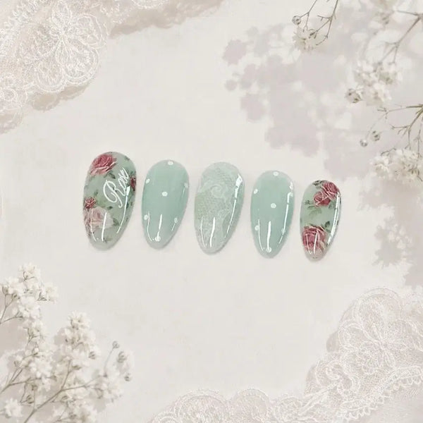 [BUNJANG] Handmade Mint Lace Nail Tips / 민트 레이스 수제네일팁