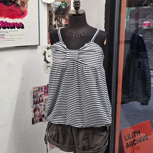 [BUNJANG] JPN Striped Sleeveless Top with Large Ribbon Detail / JPN 스트라이프 빅리본 슬리브리스