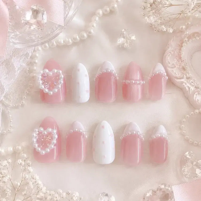 [BUNJANG] Handmade Pearl Heart Magnetic Gel Nail Tips / 여리여리 은은 진주 하트 자석젤 수제네일팁
