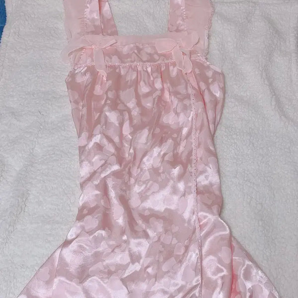 [BUNJANG] Japanese Vintage Heart Pattern Pink Ribbon Satin Pajamas / [일본 빈티지] 하트패턴 핑크 리본 새틴 잠옷 히메갸루 리즈리사 엑시즈팜