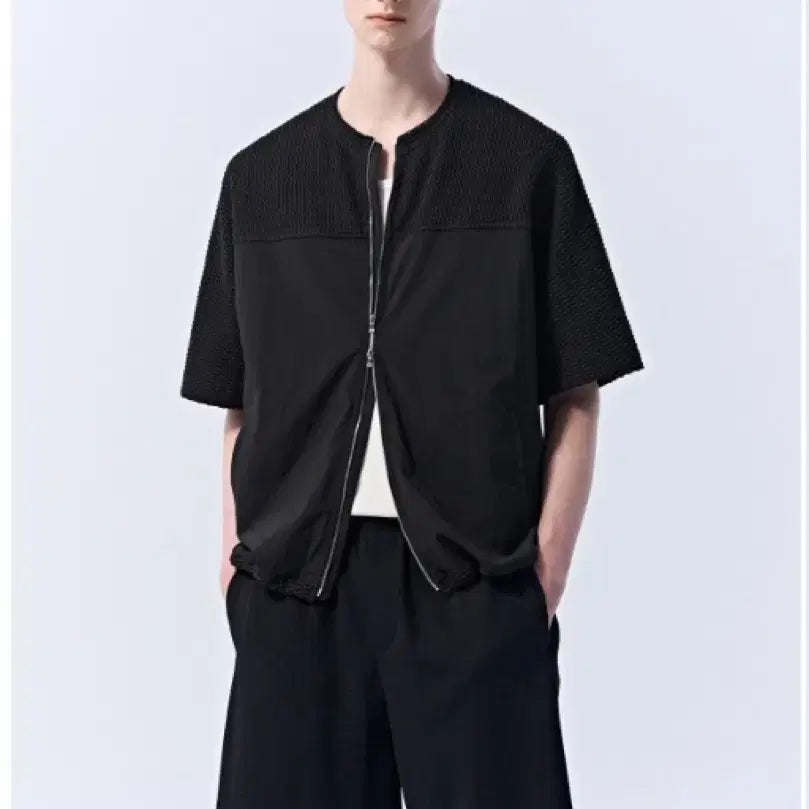 [BUNJANG] TIME HOMME 24SS Texture Block Two-Way Zip-Up Shirt Black / 타임옴므 텍스처 블록 투웨이 집업 셔츠 (24SS)