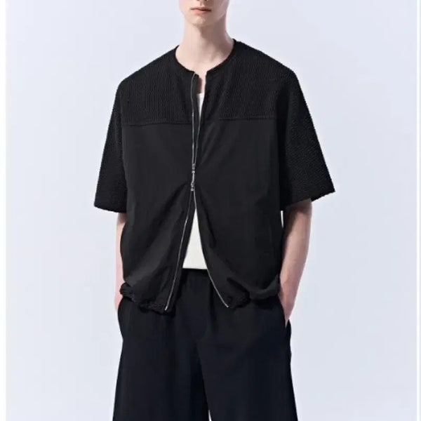 [BUNJANG] TIME HOMME 24SS Texture Block Two-Way Zip-Up Shirt Black / 타임옴므 텍스처 블록 투웨이 집업 셔츠 (24SS)
