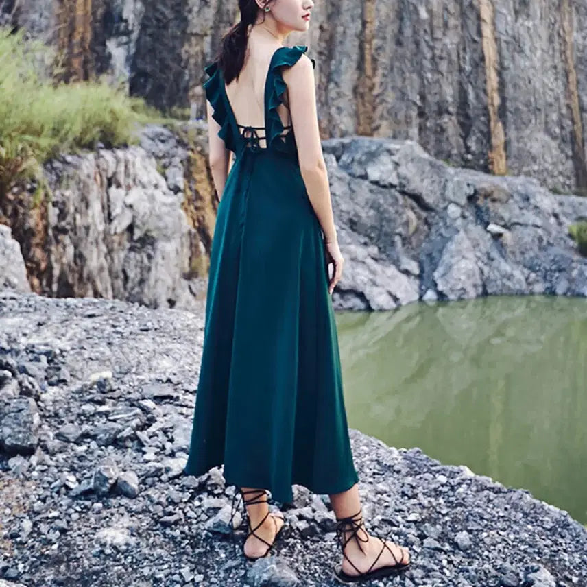 [BUNJANG] NALEN Frilled Back Strap Long Dress Green M / 프릴 백 스트랩 롱 원피스 그린