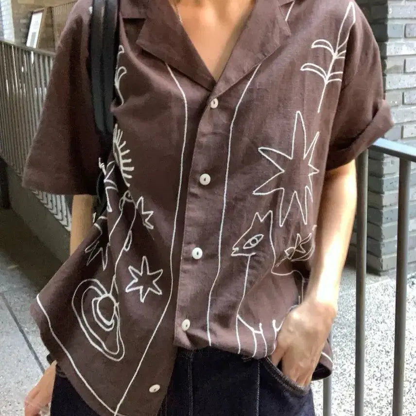 [BUNJANG] Romanticyes New Hand-Embroidered Linen Shirt (100% Linen) Brown / 로맨티사이즈. 뉴핸드자수셔츠 (린넨100) 브라운 새것같은 중고