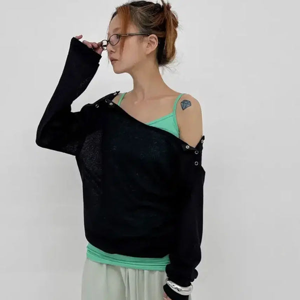 [BUNJANG] Black Up Kuchel Summer Knit Off-Shoulder Long Sleeve Top / 블랙업 에이블리 쿠첼 썸머 여름 니트지 버튼 오프숄더 긴팔티