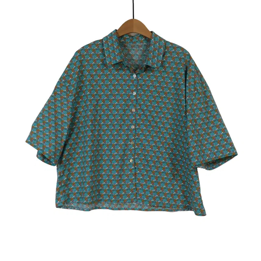 [BUNJANG] Mint Flower Pattern Crop Short Sleeve Shirt / 민트 플라워 패턴 크롭 셔츠 프리 반팔 셔츠