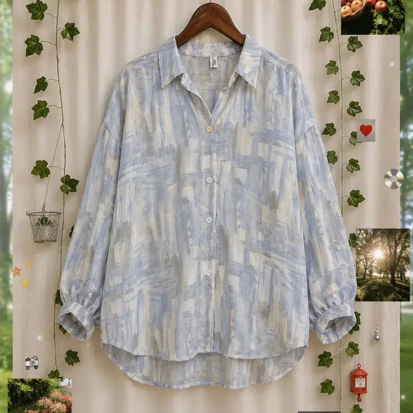 [BUNJANG] Vintage Sky Blue Abstract Print Blouse / 하늘색 빈티지 블라우스