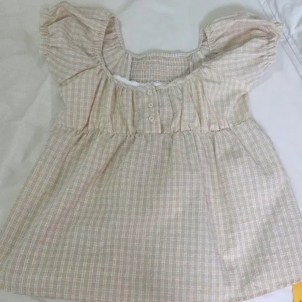 [BUNJANG] Checkered Short Sleeve Blouse - Brown / 체크 블라우스 여름 판팔 브라운