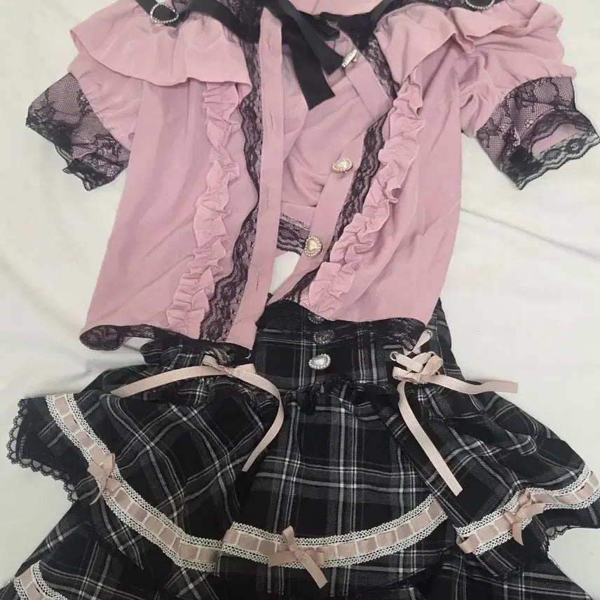 [BUNJANG] Jirai-kei Pink and Black Two-Piece Skirt Set / 졸업사진 핑크블랙 지뢰계 투피스 스커트