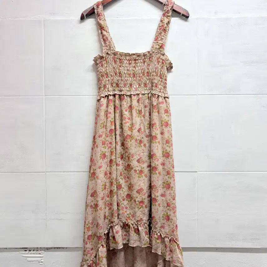 [BUNJANG] Flower Asymmetrical Smocked Banding Slip Dress / 플라워 언발 스모크밴딩 슬립 원피스 JPN