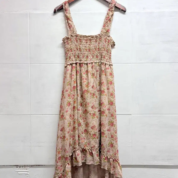 [BUNJANG] Flower Asymmetrical Smocked Banding Slip Dress / 플라워 언발 스모크밴딩 슬립 원피스 JPN