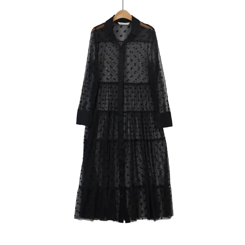 [BUNJANG] ZARA Black Polka Dot See-Through Shirt Dress XS / ZARA 도트 시스루 셔츠 원피스 XS 블랙 롱원피스