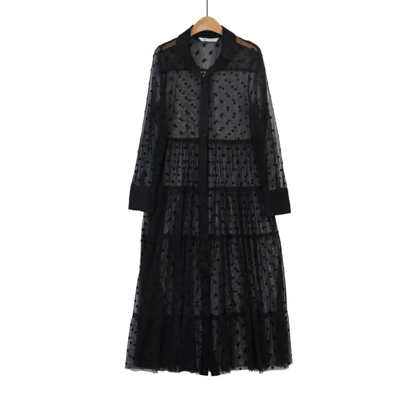 [BUNJANG] ZARA Black Polka Dot See-Through Shirt Dress XS / ZARA 도트 시스루 셔츠 원피스 XS 블랙 롱원피스