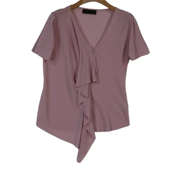 [BUNJANG] ZARA Frilled Short Sleeve V-Neck Knit Cardigan Pink S / ZARA 프릴 반팔 가디건 S 핑크 브이넥 니트