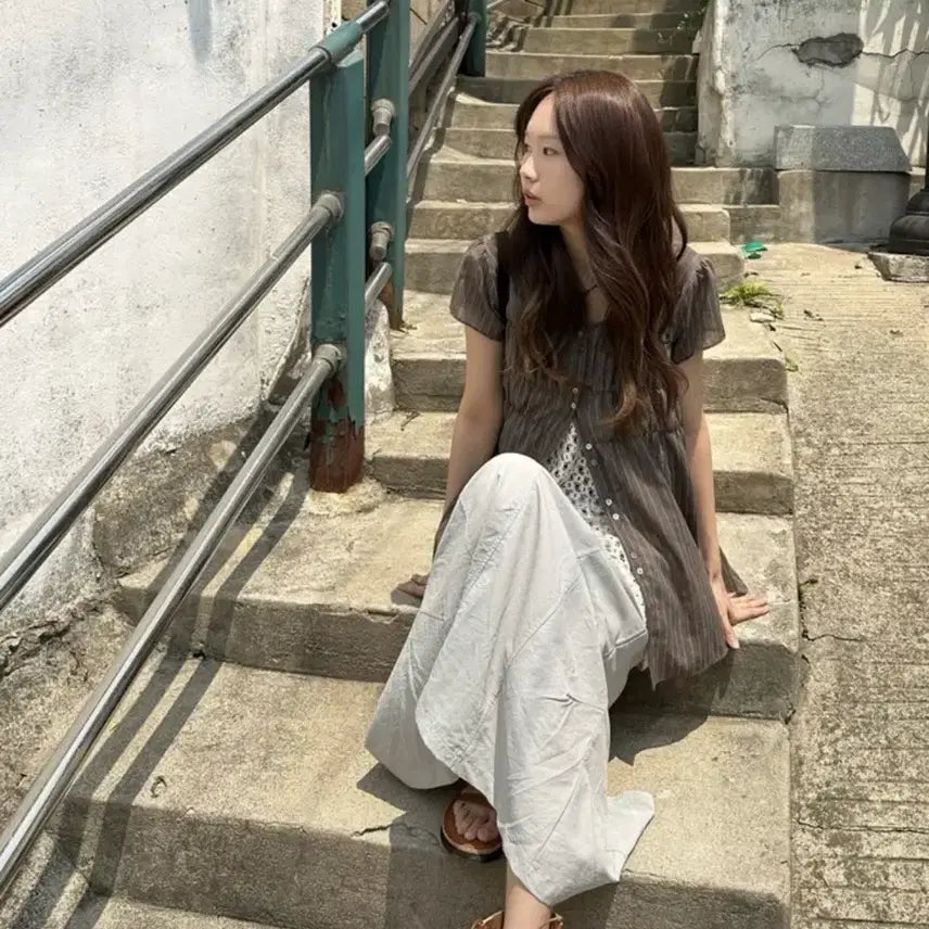 [BUNJANG] Shinsh Double Shirring Short Sleeve Long Blouse / 신시 더블 셔링 반팔 롱 블라우스