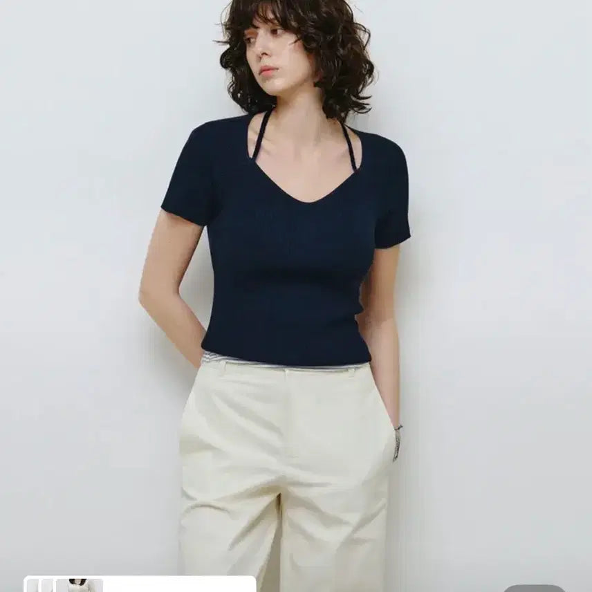 [BUNJANG] Ribbed Sleeveless Halter Strap Knit (Navy) / 골지 캡소매 홀터 스트랩 니트 (네이비)