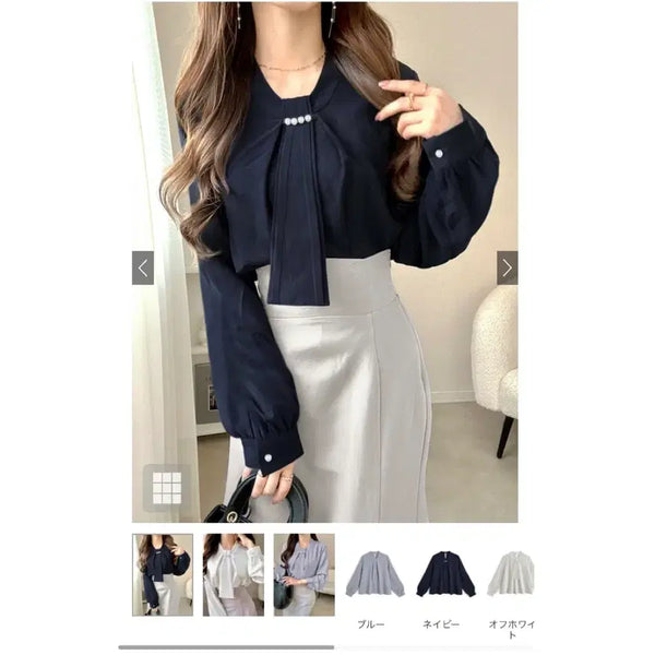 [BUNJANG] GRL Pearl Tie Blouse Navy / GRL 그레일 진주 타이 블라우스 네이비 상의 일브 스나 걸리 일본브랜드