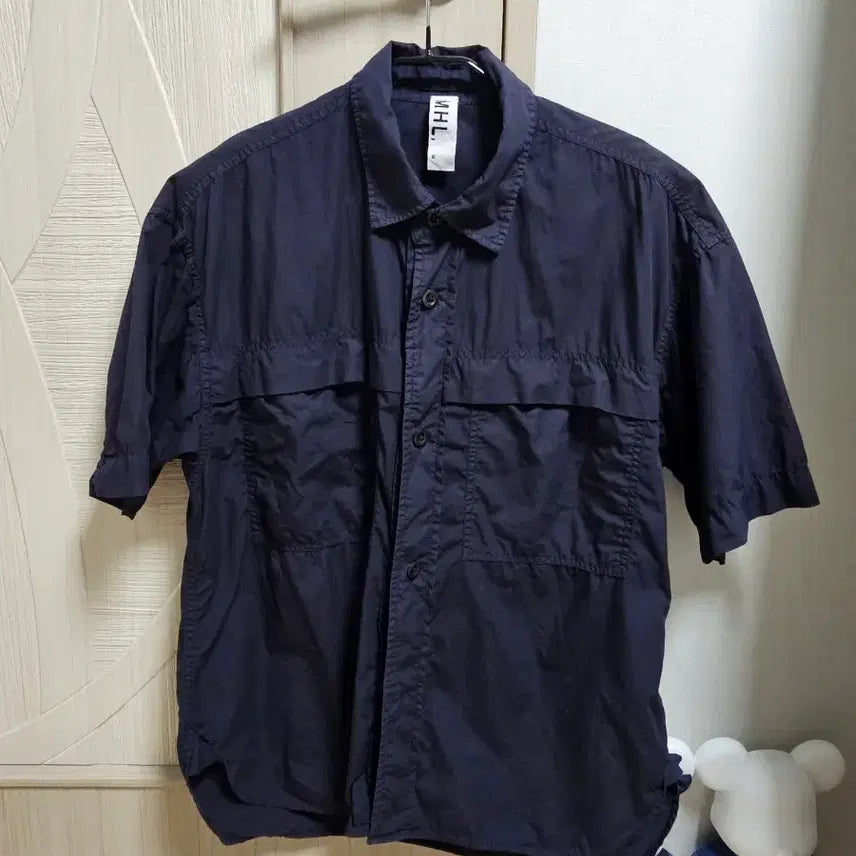 [BUNJANG] MHL. Margaret Howell Garment Dyed Poplin Short Sleeve Shirt Navy M / MHL. 마가렛호웰 네이비 반팔 셔츠