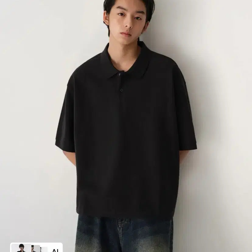 [BUNJANG] Musinsa Oversized Cropped Pique Polo Shirt (Black, Gray) - 2 Pack / 무산사 오버사이즈 크롭 피케 폴로 셔츠 2장(블랙, 그레이)