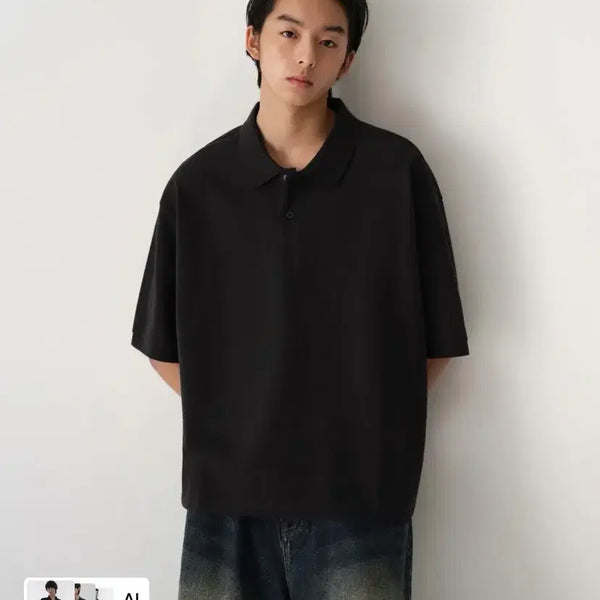 [BUNJANG] Musinsa Oversized Cropped Pique Polo Shirt (Black, Gray) - 2 Pack / 무산사 오버사이즈 크롭 피케 폴로 셔츠 2장(블랙, 그레이)