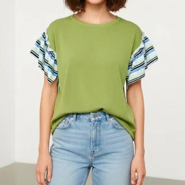 [BUNJANG] Women's Summer Knit Frill T-Shirt (Size 55-66) / 새상품 55~66 반팔 여름 니트 여성 여자 프릴 티셔츠 정장 캐주얼