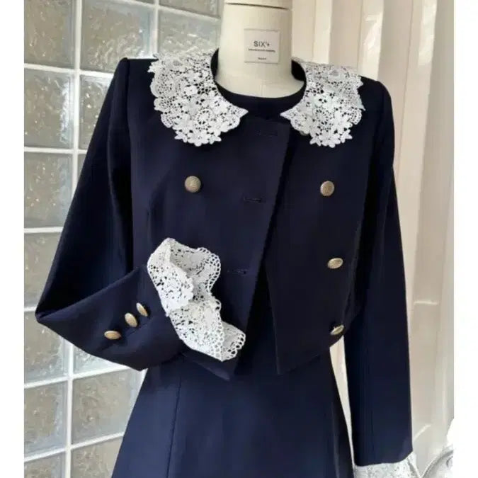 [BUNJANG] Navy Lace Collar Jacket & Mini Dress Coordinated Set / 네이비 레이스 카라 자켓 + 미니 원피스 코디 세트 (xs~s)