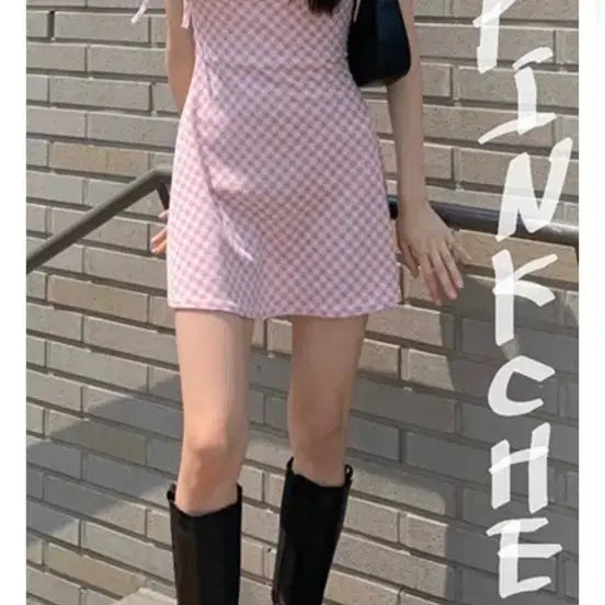 [BUNJANG] Mini Pooh Pink Check Bustier Dress / 미니포에 핑크 체크 뷔스티에 원피스