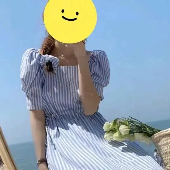 [BUNJANG] Striped Puff Sleeve Long Dress / 새상품특가) 스트라이프 퍼프 소매 롱원피스