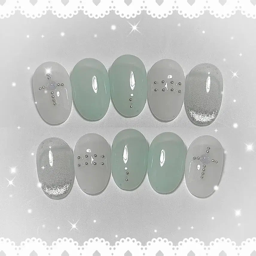 [BUNJANG] Handmade Magnetic Gel Nail Tips with Cross Charm - Y2K Gyaru Style / 민트 피어싱 수제 네일팁 자석젤 십자가 y2k 갸루