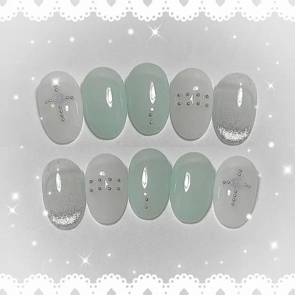 [BUNJANG] Handmade Magnetic Gel Nail Tips with Cross Charm - Y2K Gyaru Style / 민트 피어싱 수제 네일팁 자석젤 십자가 y2k 갸루