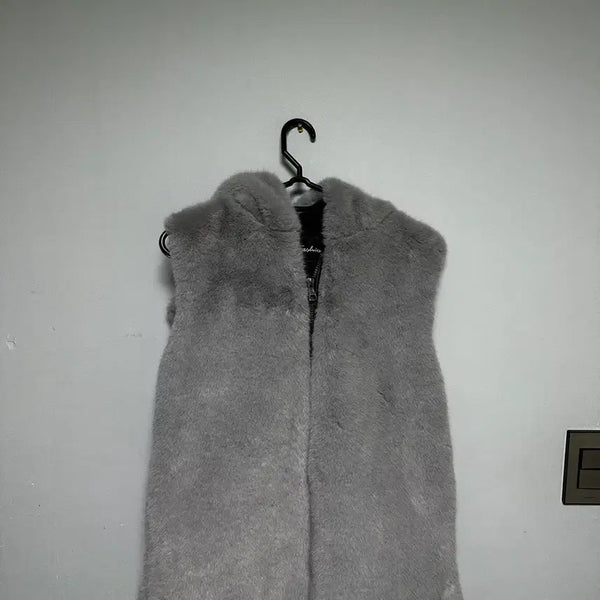 [BUNJANG] Hooded Eco-fur Vest (Gray) / 후드 에코퍼 퍼 조끼 베스트 (그레이)