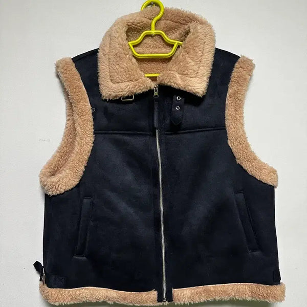 [BUNJANG] Faux Fur Colorblock Vest / 무스탕 베스트 블랙 카멜 퍼 배색