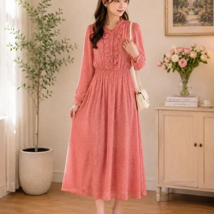 [BUNJANG] Floral Print Ruffle Long Dress / 잔꽃무늬 프릴 원피스 롱 원피스