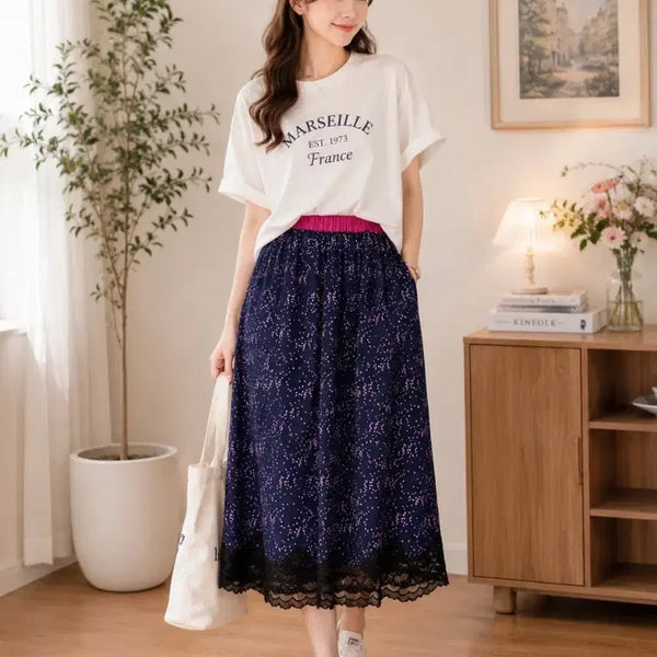 [BUNJANG] Floral Lace Detail Long Skirt / 롱 스커트