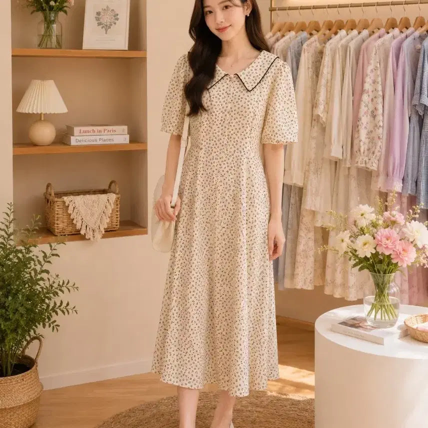 [BUNJANG] Floral Pattern Petal Collar Mini Dress / 잔꽃 패턴 쁘띠 카라 원피스