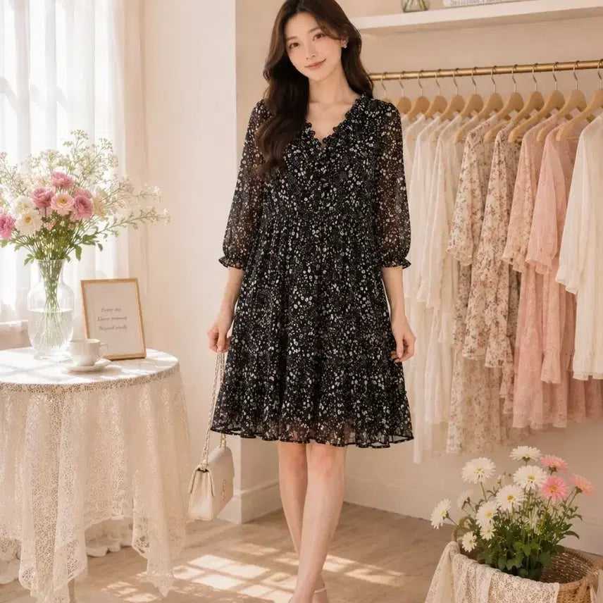 [BUNJANG] Black Chiffon Floral Pattern Ruffle Midi Dress / 블랙 쉬폰 플라워 패턴 프릴 원피스