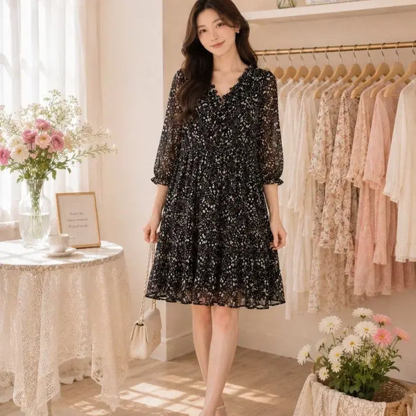 [BUNJANG] Black Chiffon Floral Pattern Ruffle Midi Dress / 블랙 쉬폰 플라워 패턴 프릴 원피스