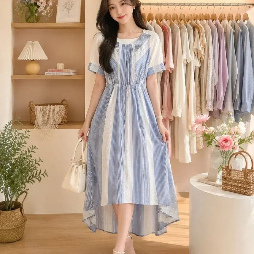 [BUNJANG] Blue Stripe Long Dress / 줄무늬 롱 원피스