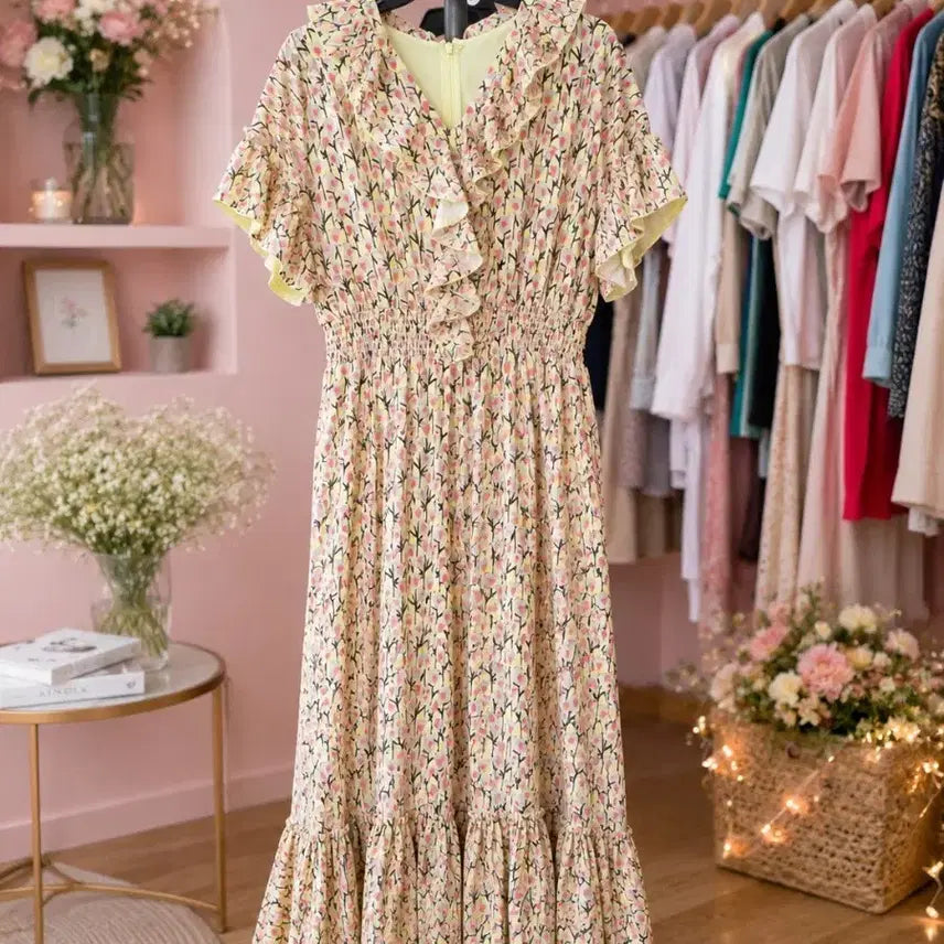 [BUNJANG] Floral Pattern Ruffle Midi Dress - Yellow / 플로럴 패턴 프릴 원피스 옐로우